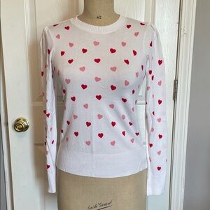 Marled White Long Sleeve Top with Red and Pink Hearts